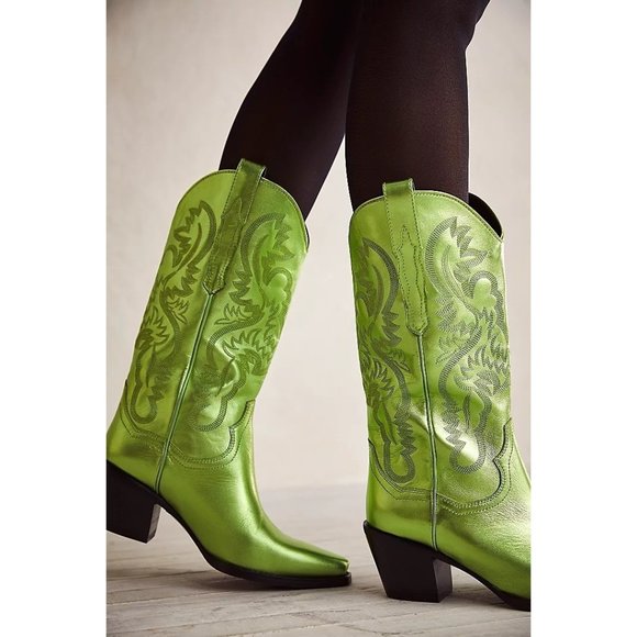 Free People Shoes - Free People Dagget Western Boots Green Metallic Leather Womens Size 10